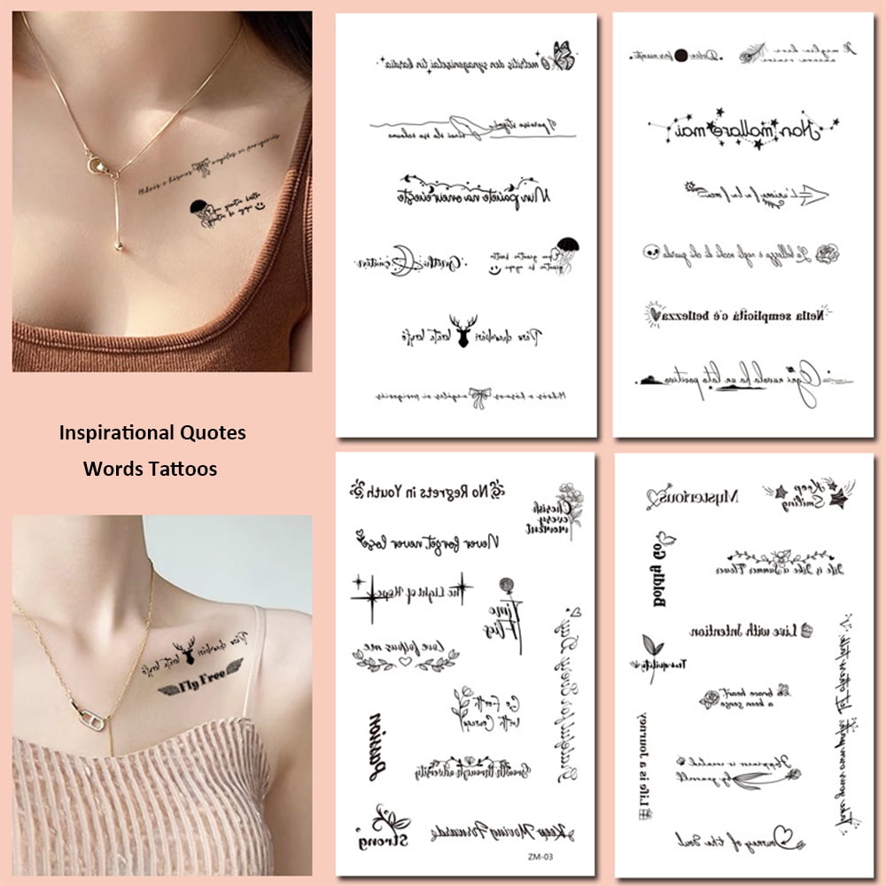 Realistic Temporary Tattoos, 94 PCS Inspirational Quotes Words Tattoos Line Art Wild Flower Nature Tattoo Stickers for Women and Men Waterproof,10 Sheets