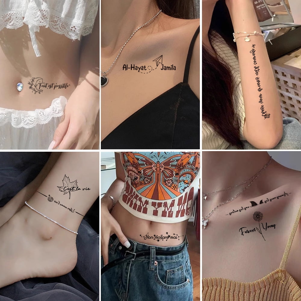 Realistic Temporary Tattoos, 94 PCS Inspirational Quotes Words Tattoos Line Art Wild Flower Nature Tattoo Stickers for Women and Men Waterproof,10 Sheets