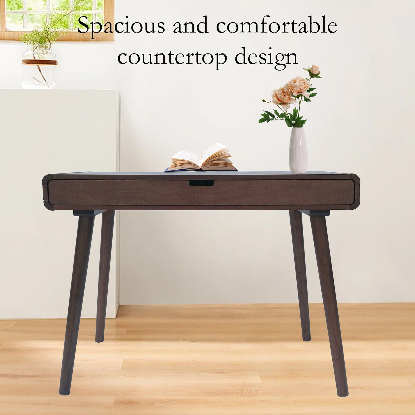 Writing Desk with Drawers Mid Century Modern Desk, Wood Office Desk Computer Desk with Drawer Vanity Desk for Small Space, White Desk with Solid Wood Legs