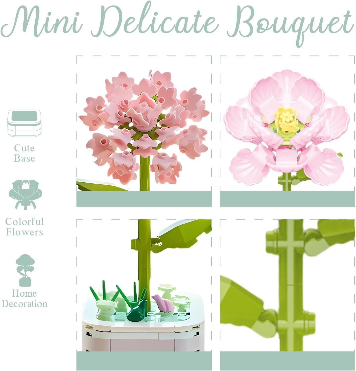 Flower Bouquet Building Set with Base, Pink Carnation Artificial Plant Flowers Building Blocks for Mother's Day gift, Birthday Gifts, Desktop Trinkets