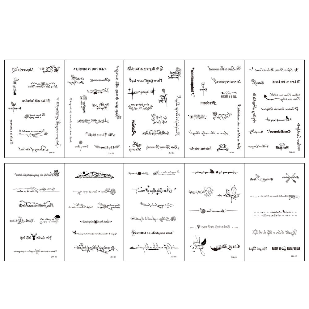 Realistic Temporary Tattoos, 94 PCS Inspirational Quotes Words Tattoos Line Art Wild Flower Nature Tattoo Stickers for Women and Men Waterproof,10 Sheets