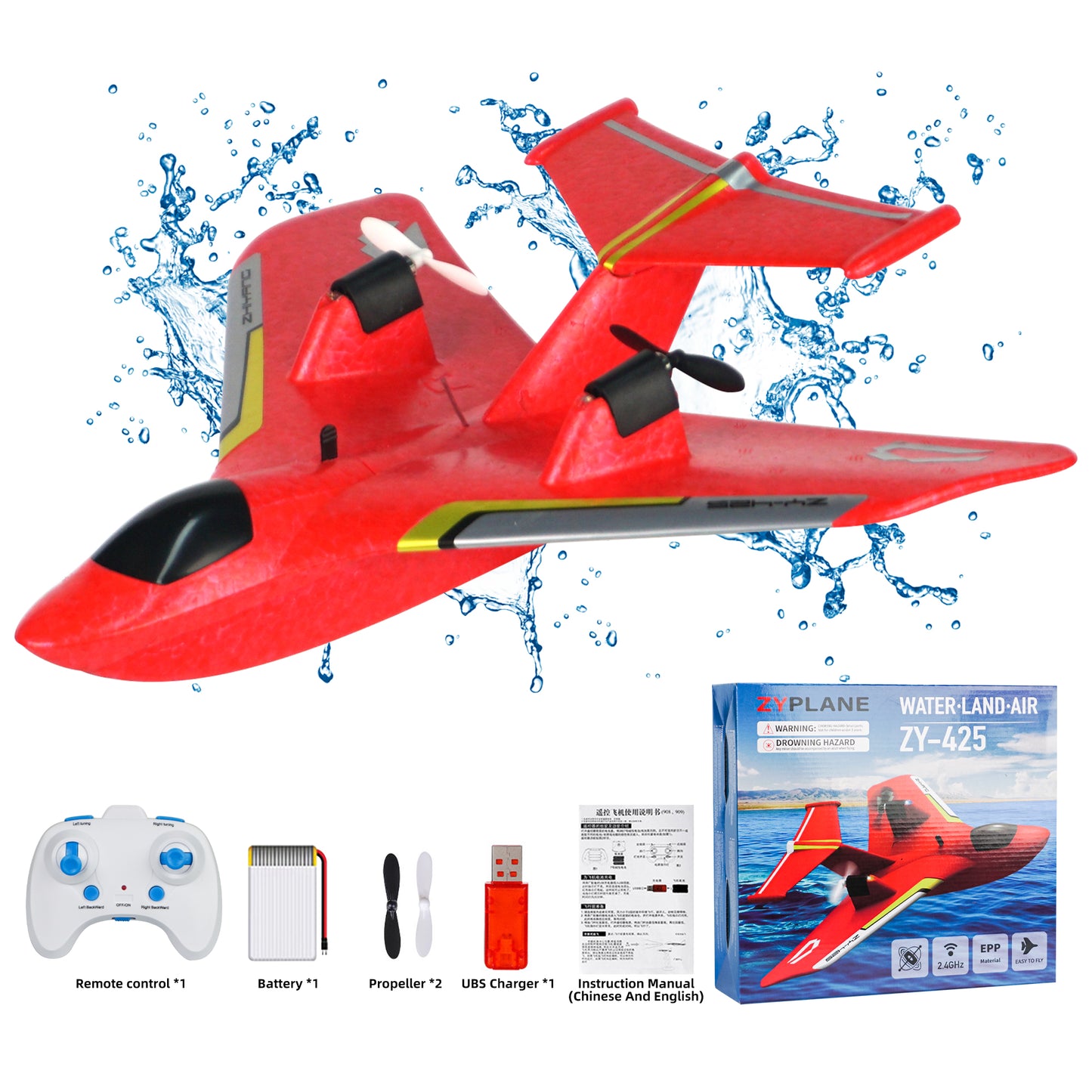 RC Plane for Water Land Air, Upgrade RC Plane Remote Control Glider Airplanes 2.4 GHZ 2 Channels with Lights, Anti-Collision Remote Control Air Planes Fighter Plane Toy Gifts