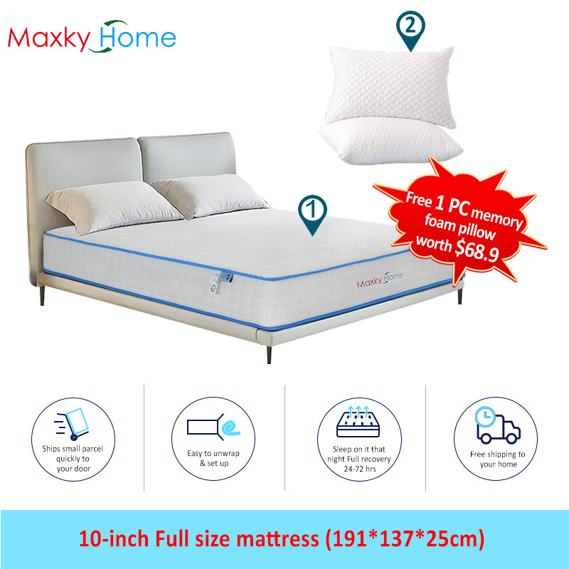 Maxky Home 10 Inch Gel Memory Foam Mattress with Pillow, 5 Size Hybrid Mattress Bed in a Box, CertiPUR-US Certified, 10-year Warranty