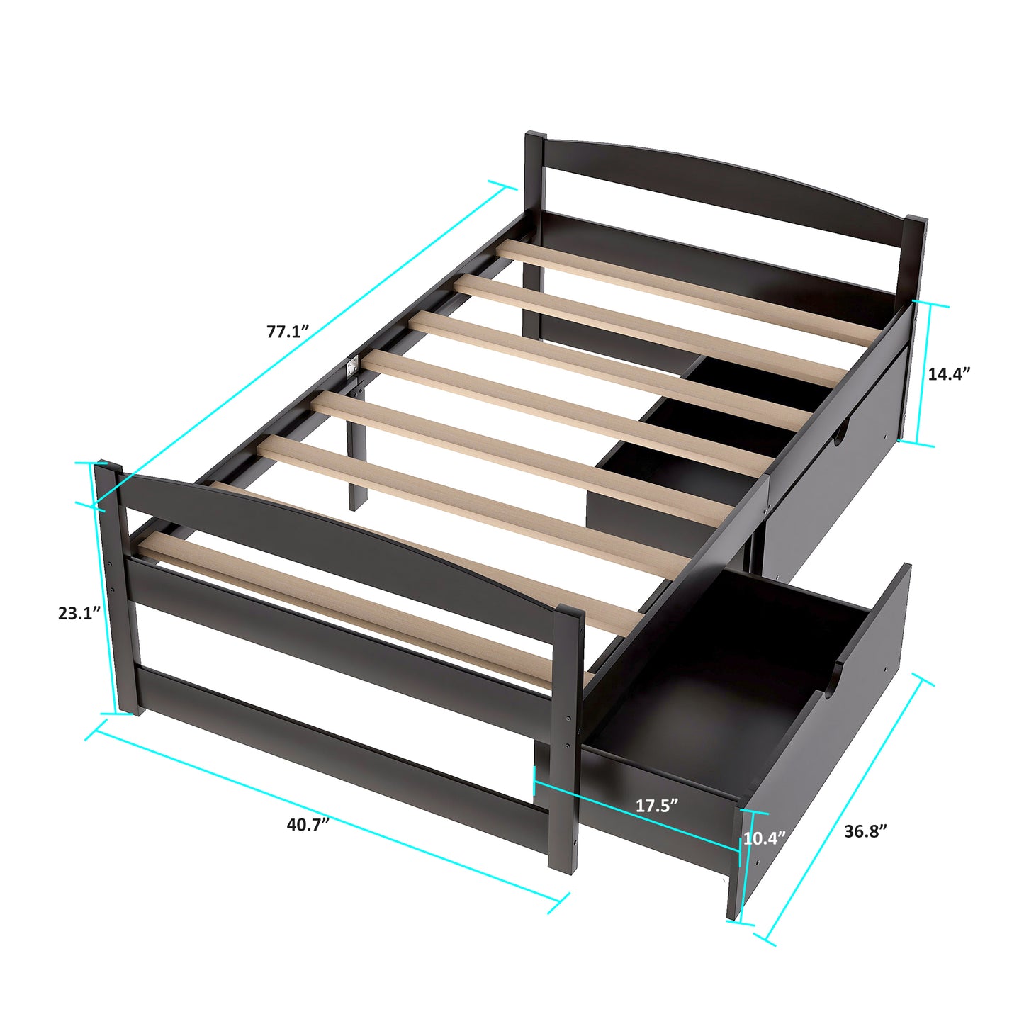 Twin Size Bed Frame with 2 Storage Drawers, Twin Kids Bed, Solid Wood Platform Bed Twin for Kids, Teens, Adults w/Wood Slat Support for Dorm, Bedroom, Apartment, No Box Spring Needed