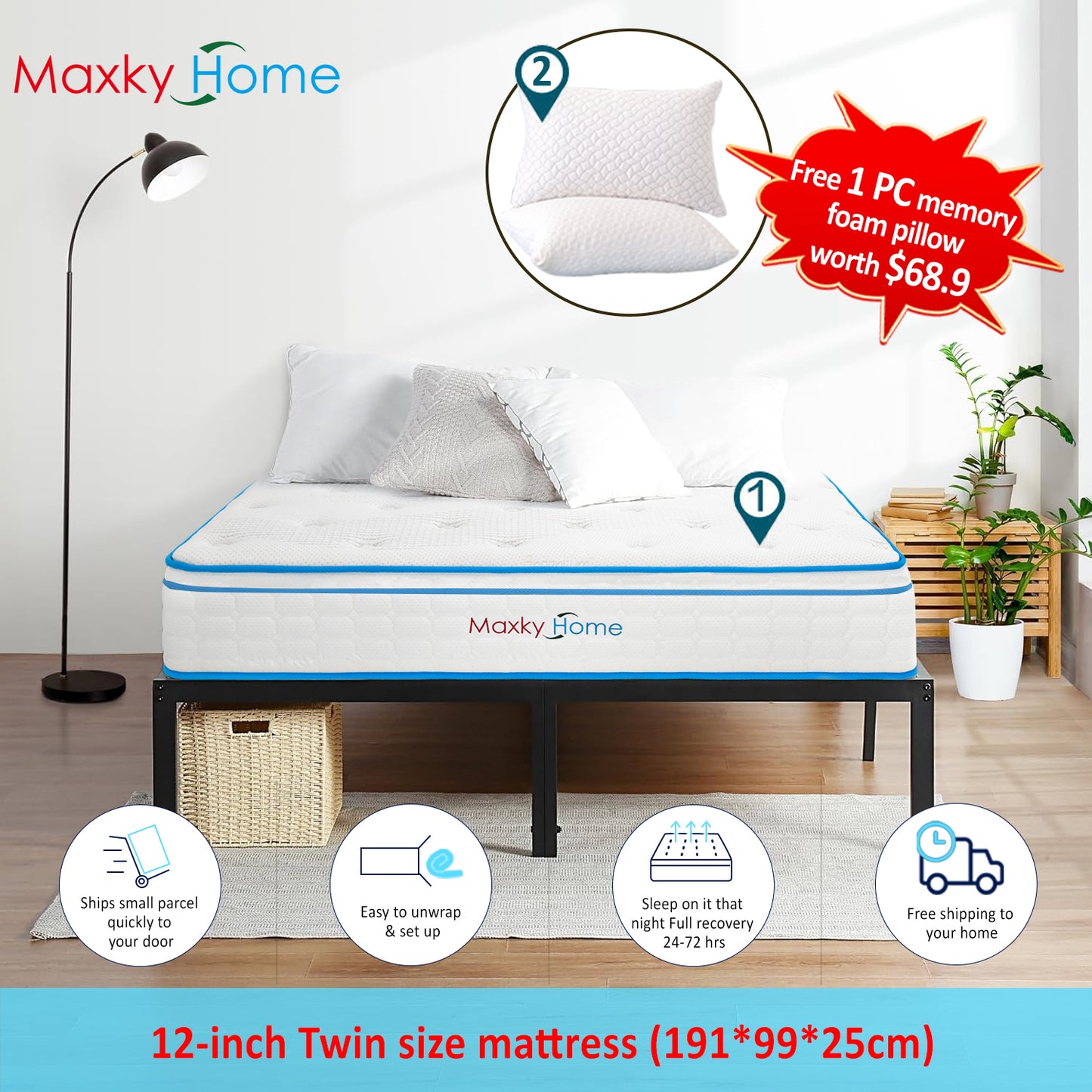 Maxky Home 12 Inch Memory Foam Mattress with Pillow, 5 Size AG+ Anti-Mite Anti-Mold Hybrid Mattress, CertiPUR-US Certified,10-Year Warranty