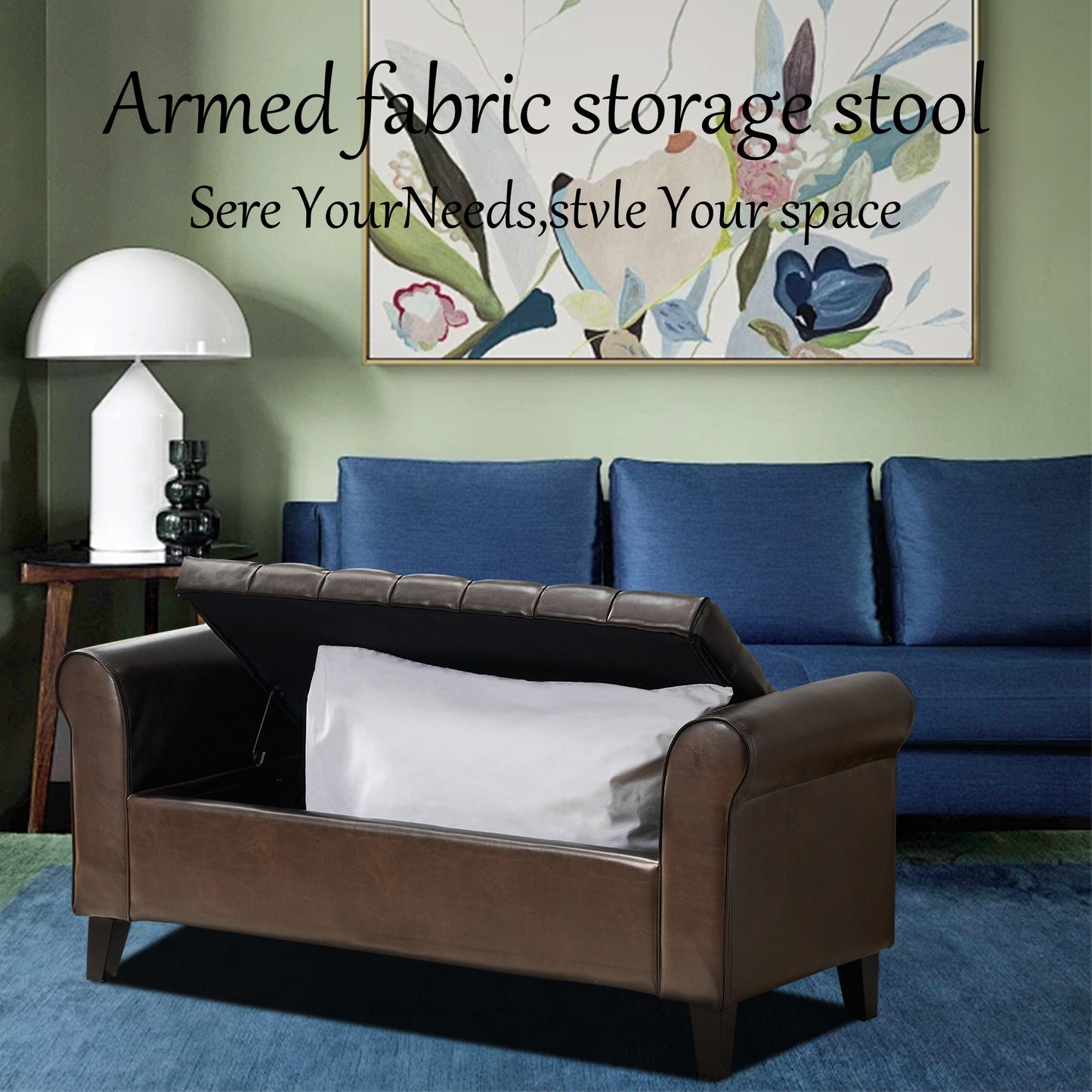 Storage Ottoman Bench with Arms, End of Bed Bench for Bedroom, Brown Leather Upholstered Storage Bench for Entryway, Hallway, Large Storage Bench Foot Rest