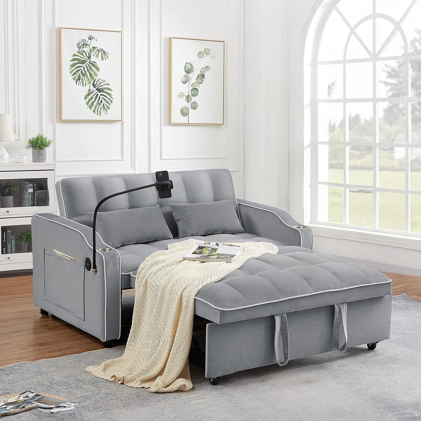 Convertible Sofa Bed with Pull Out Bed - 55" Tufted Velvet Loveseat Sleeper Sofa Adjustable Back with USB Port Ashtray Swivel Phone Stand, Pockets-Perfect for Small Spaces, Living Room Furniture