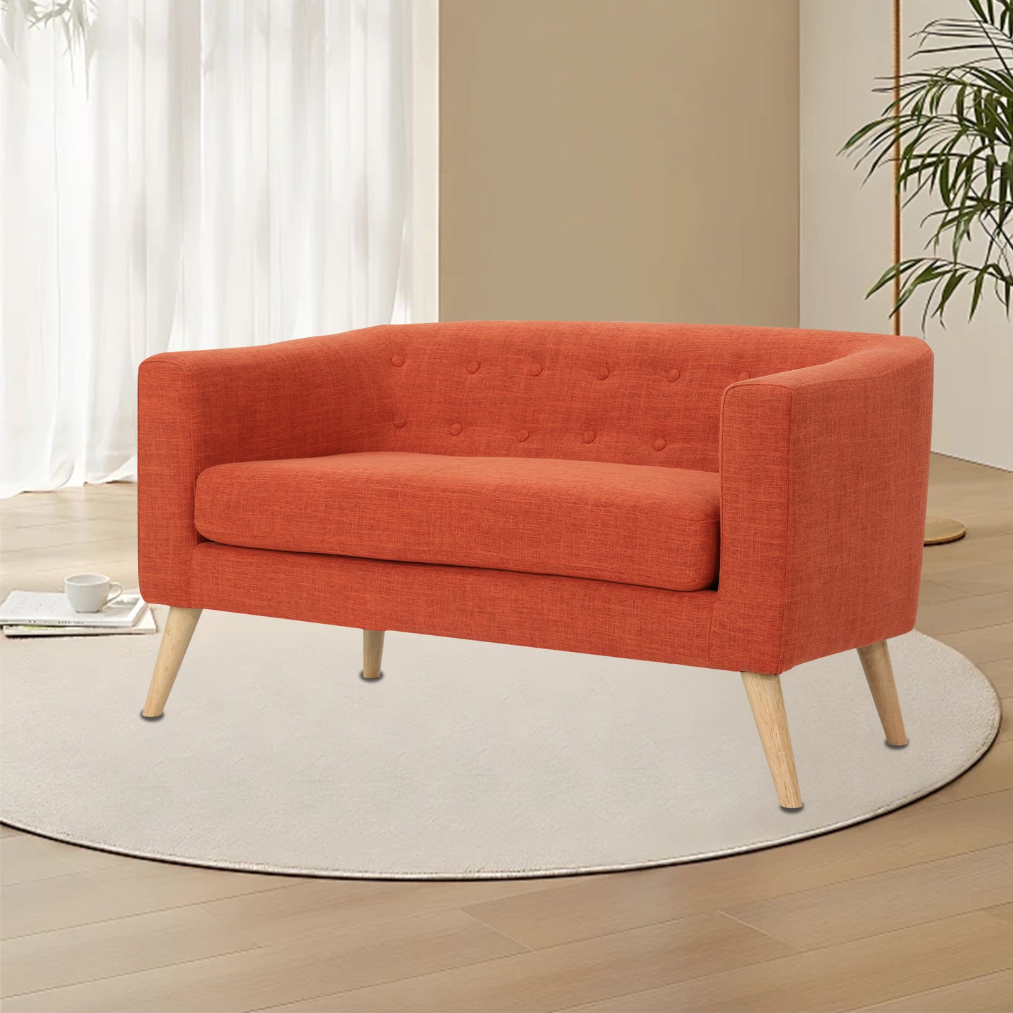Loveseat Sofa, Mid Century Linen Fabric 2-Seat Couch Tufted Love Seat with Back Cushions and Tapered Wood Legs for Living Room, Bedroom and Small Space