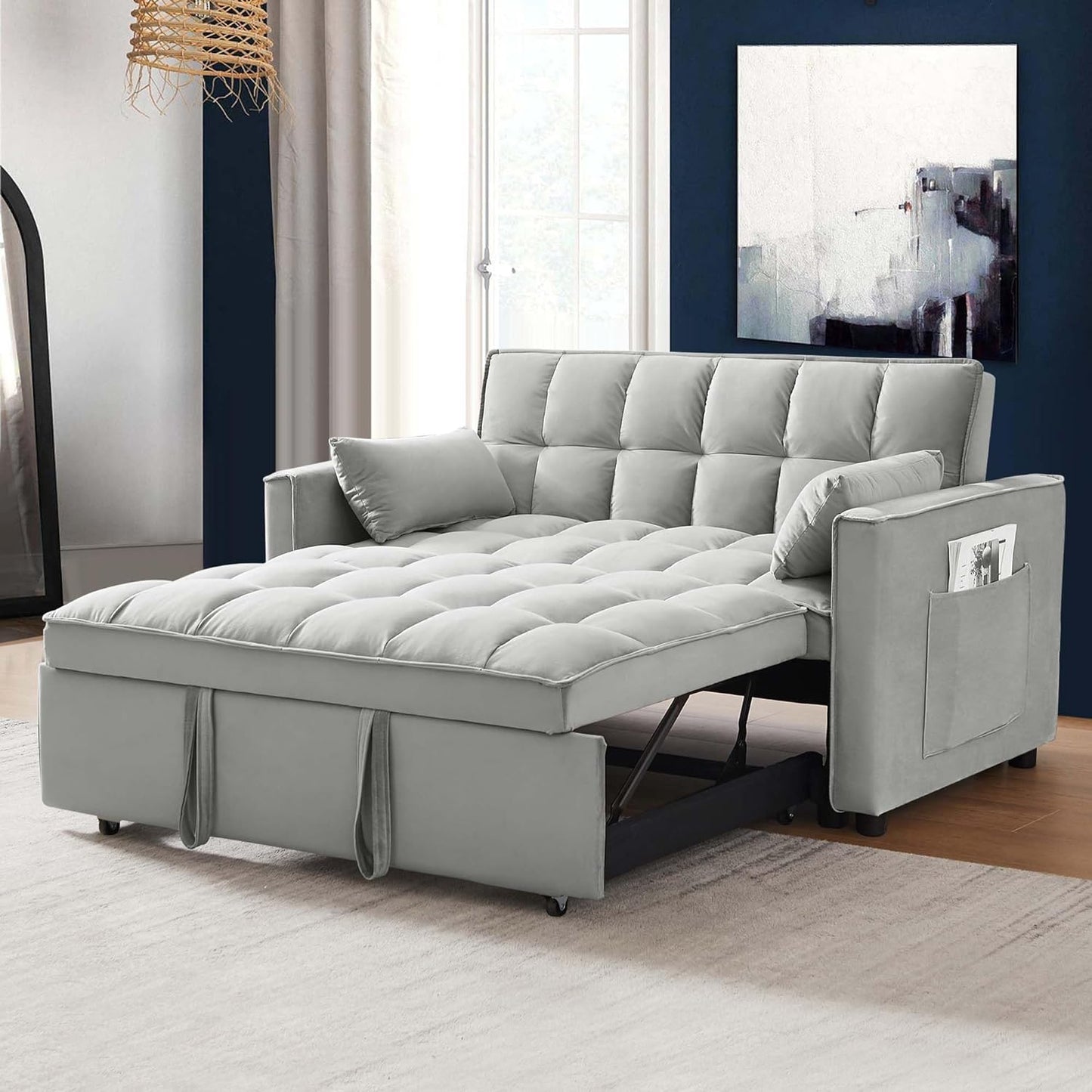 Convertible Sofa Bed with Pull Out Bed - 55" Tufted Velvet Loveseat Sleeper Sofa Adjustable Back with USB Port Ashtray Swivel Phone Stand, Pockets-Perfect for Small Spaces, Living Room Furniture
