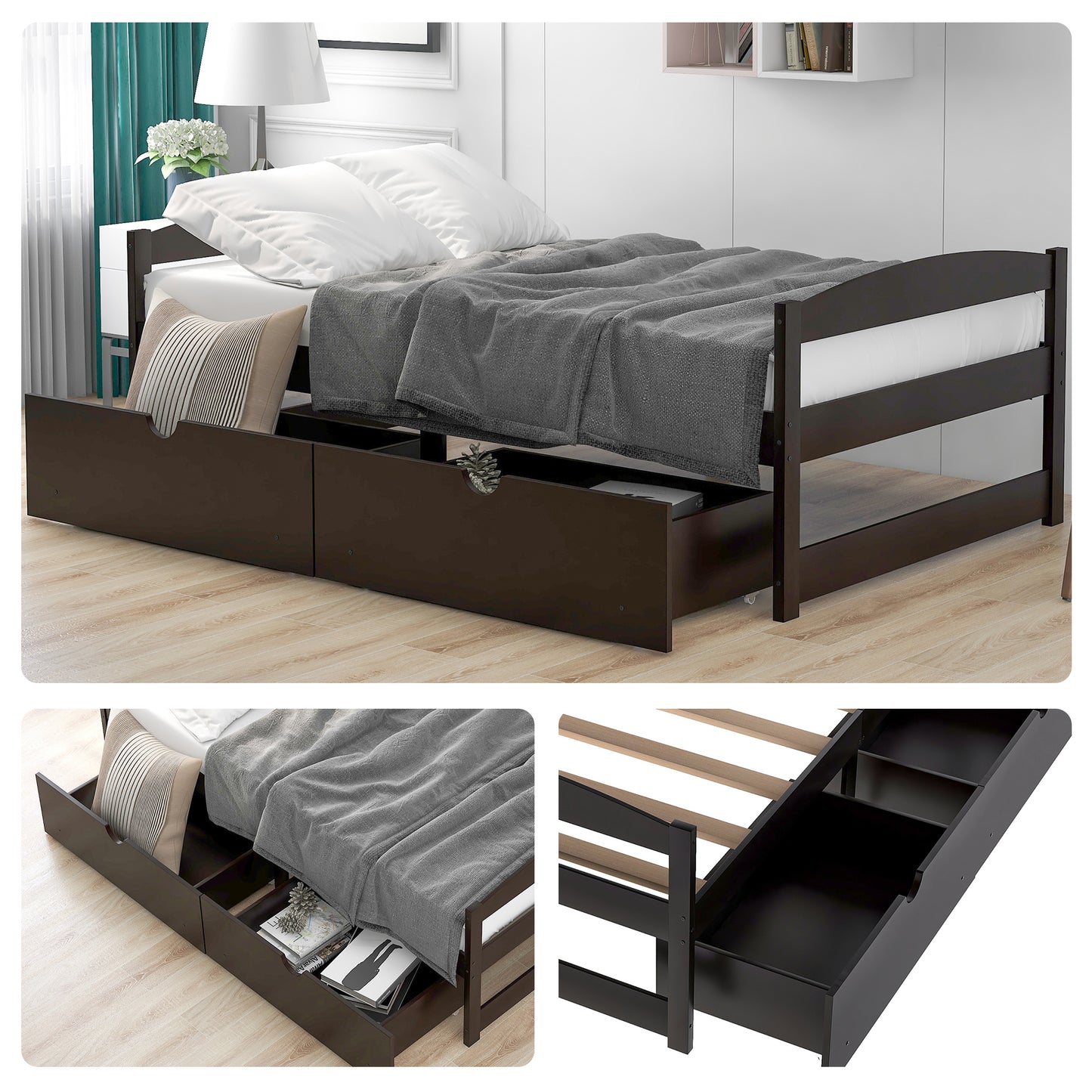 Twin Size Bed Frame with 2 Storage Drawers, Twin Kids Bed, Solid Wood Platform Bed Twin for Kids, Teens, Adults w/Wood Slat Support for Dorm, Bedroom, Apartment, No Box Spring Needed