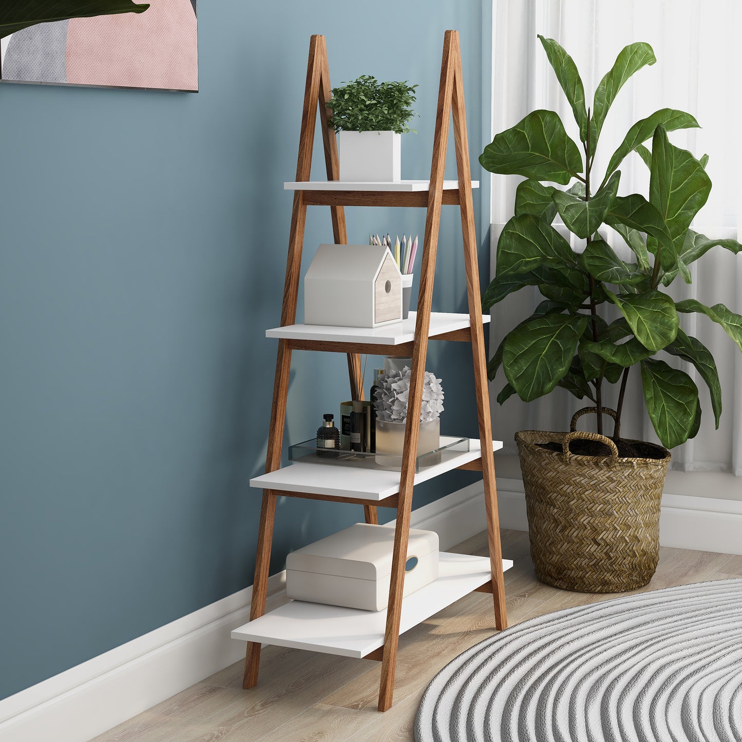 Ladder Shelf, 4-Tier Bookshelf Storage Shelves, Storage Rack, Bookcase with A Frame Wooden Ladder Open Display Shelves for Living Room, Home Office, Kitchen, Bedroom