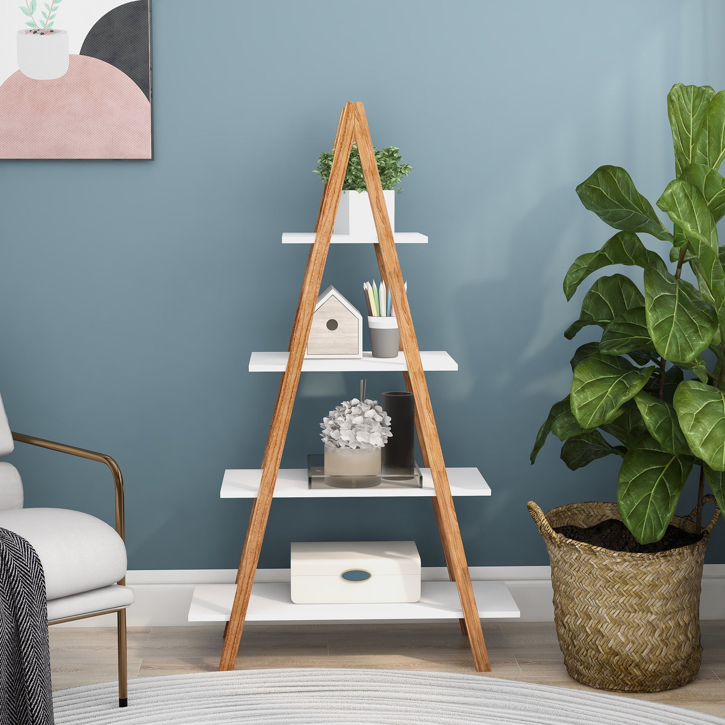 Ladder Shelf, 4-Tier Bookshelf Storage Shelves, Storage Rack, Bookcase with A Frame Wooden Ladder Open Display Shelves for Living Room, Home Office, Kitchen, Bedroom