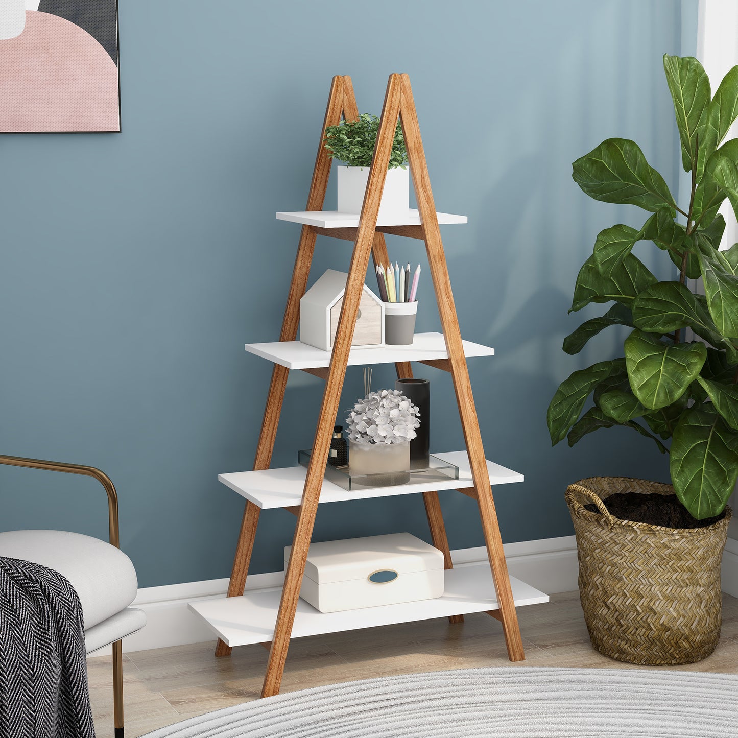 Ladder Shelf, 4-Tier Bookshelf Storage Shelves, Storage Rack, Bookcase with A Frame Wooden Ladder Open Display Shelves for Living Room, Home Office, Kitchen, Bedroom