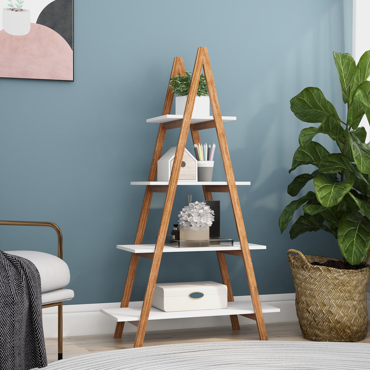 Ladder Shelf, 4-Tier Bookshelf Storage Shelves, Storage Rack, Bookcase with A Frame Wooden Ladder Open Display Shelves for Living Room, Home Office, Kitchen, Bedroom