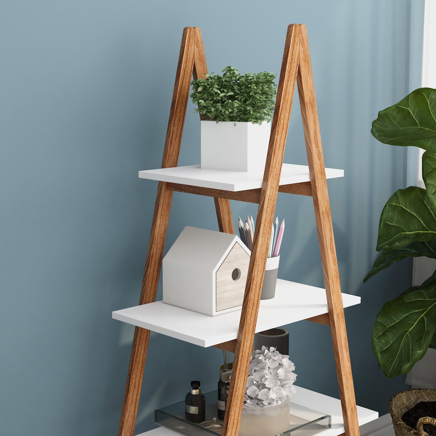 Ladder Shelf, 4-Tier Bookshelf Storage Shelves, Storage Rack, Bookcase with A Frame Wooden Ladder Open Display Shelves for Living Room, Home Office, Kitchen, Bedroom
