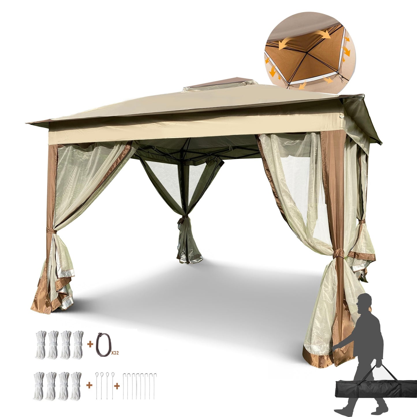 Pop Up Gazebo 11x 11Ft Outdoor Canopy Tent with Mosquito Netting Gazebo Canopy w/ Removable Zipper Netting, 2-tier Soft Top For Patio Backyard Garden Camping Area with 4 Sandbags