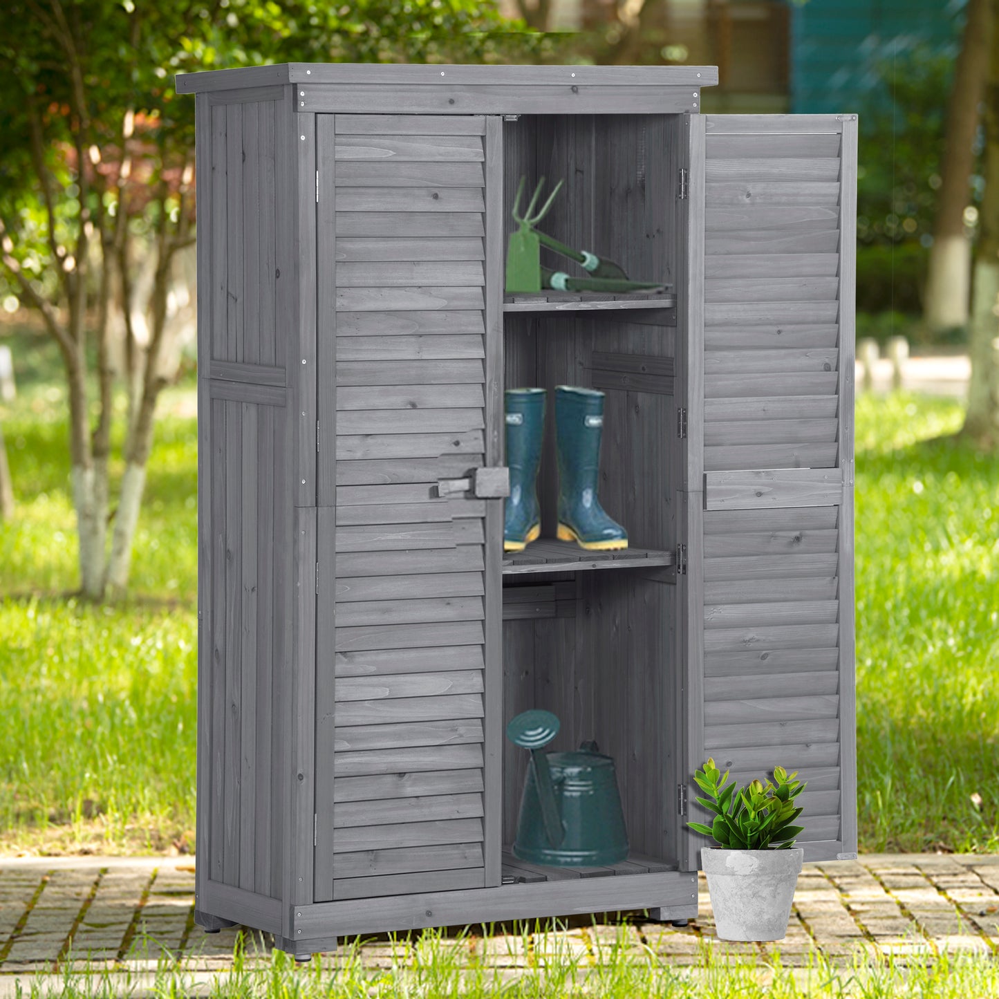 Outdoor Storage Cabinet, Garden Wood Tool Shed with Latch, Outside Wooden Shed Closet with Shelves