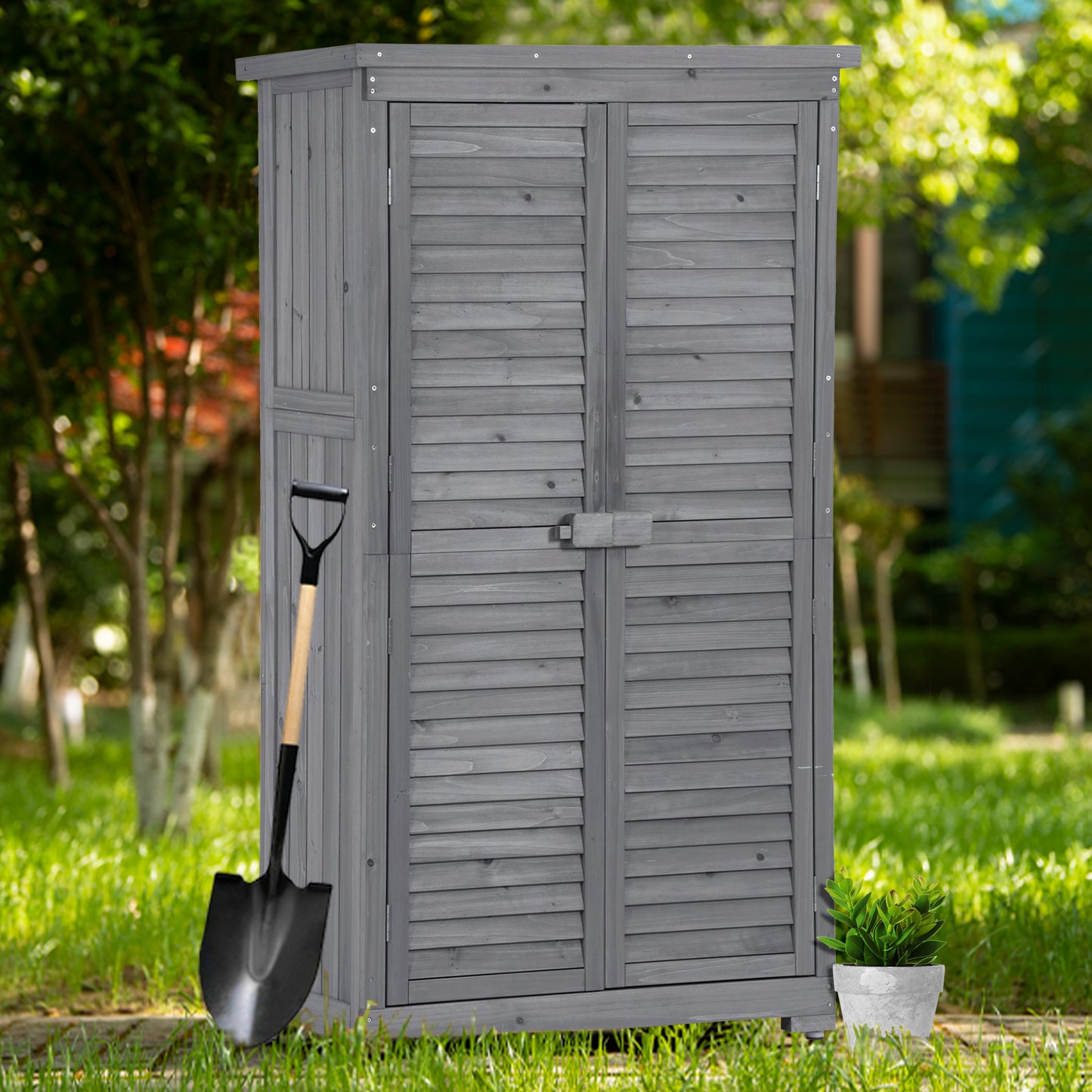 Outdoor Storage Cabinet, Garden Wood Tool Shed with Latch, Outside Wooden Shed Closet with Shelves