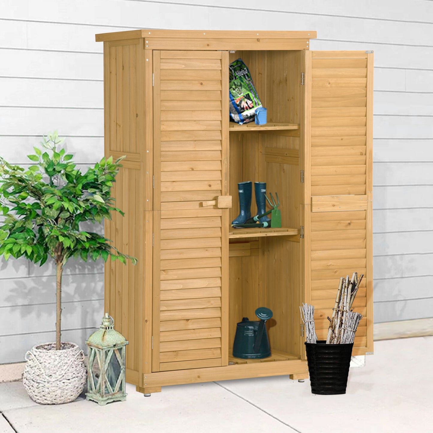 Outdoor Storage Cabinet, Garden Wood Tool Shed with Latch, Outside Wooden Shed Closet with Shelves