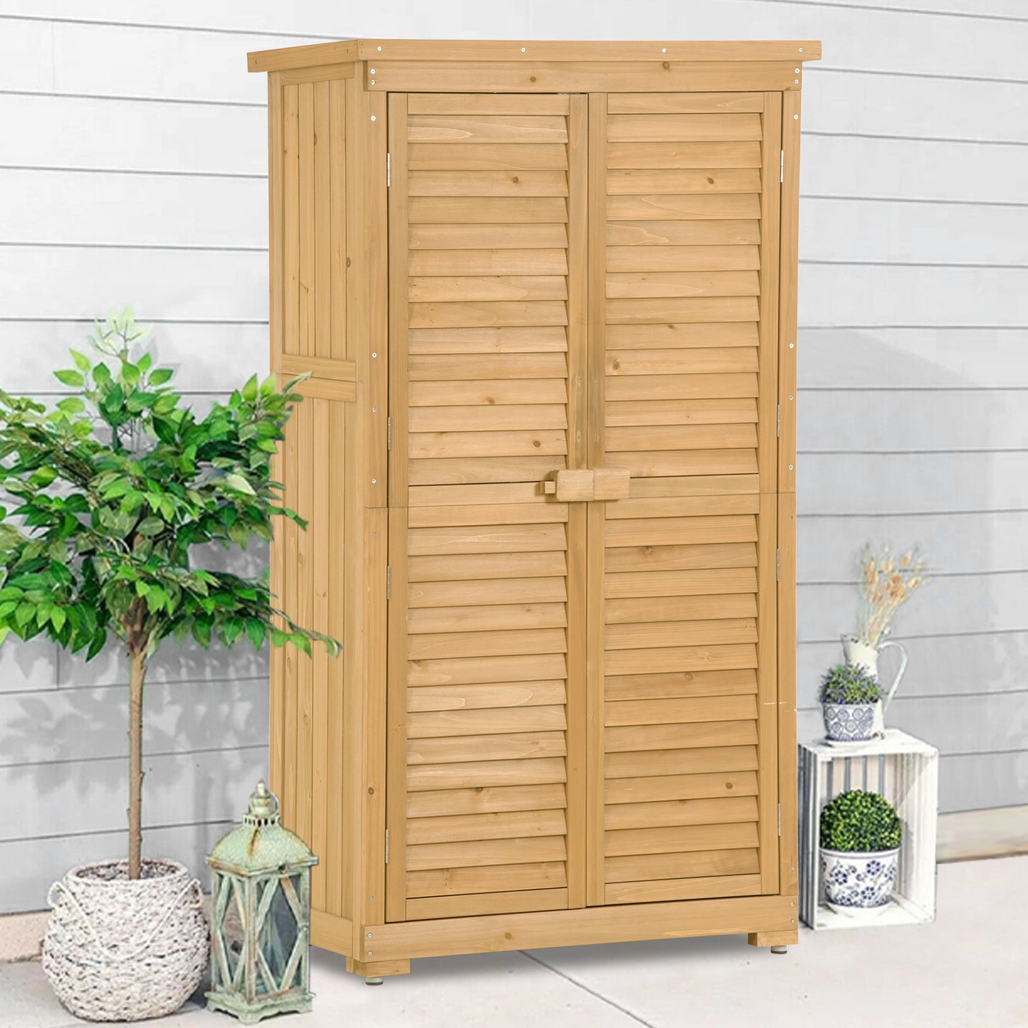 Outdoor Storage Cabinet, Garden Wood Tool Shed with Latch, Outside Wooden Shed Closet with Shelves