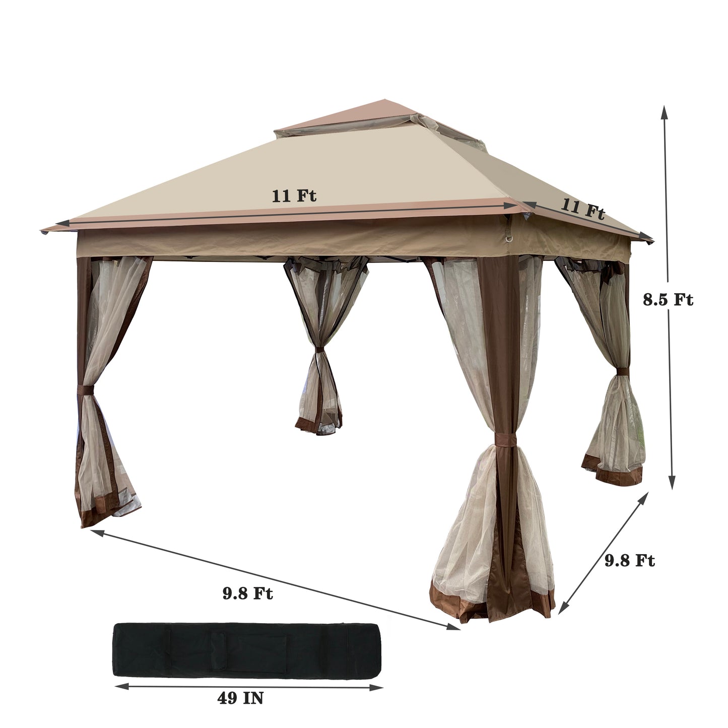 Pop Up Gazebo 11x 11Ft Outdoor Canopy Tent with Mosquito Netting Gazebo Canopy w/ Removable Zipper Netting, 2-tier Soft Top For Patio Backyard Garden Camping Area with 4 Sandbags