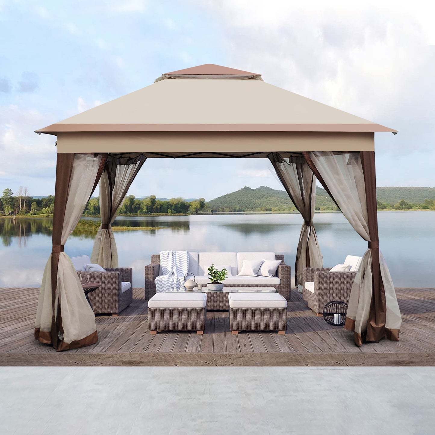 Pop Up Gazebo 11x 11Ft Outdoor Canopy Tent with Mosquito Netting Gazebo Canopy w/ Removable Zipper Netting, 2-tier Soft Top For Patio Backyard Garden Camping Area with 4 Sandbags