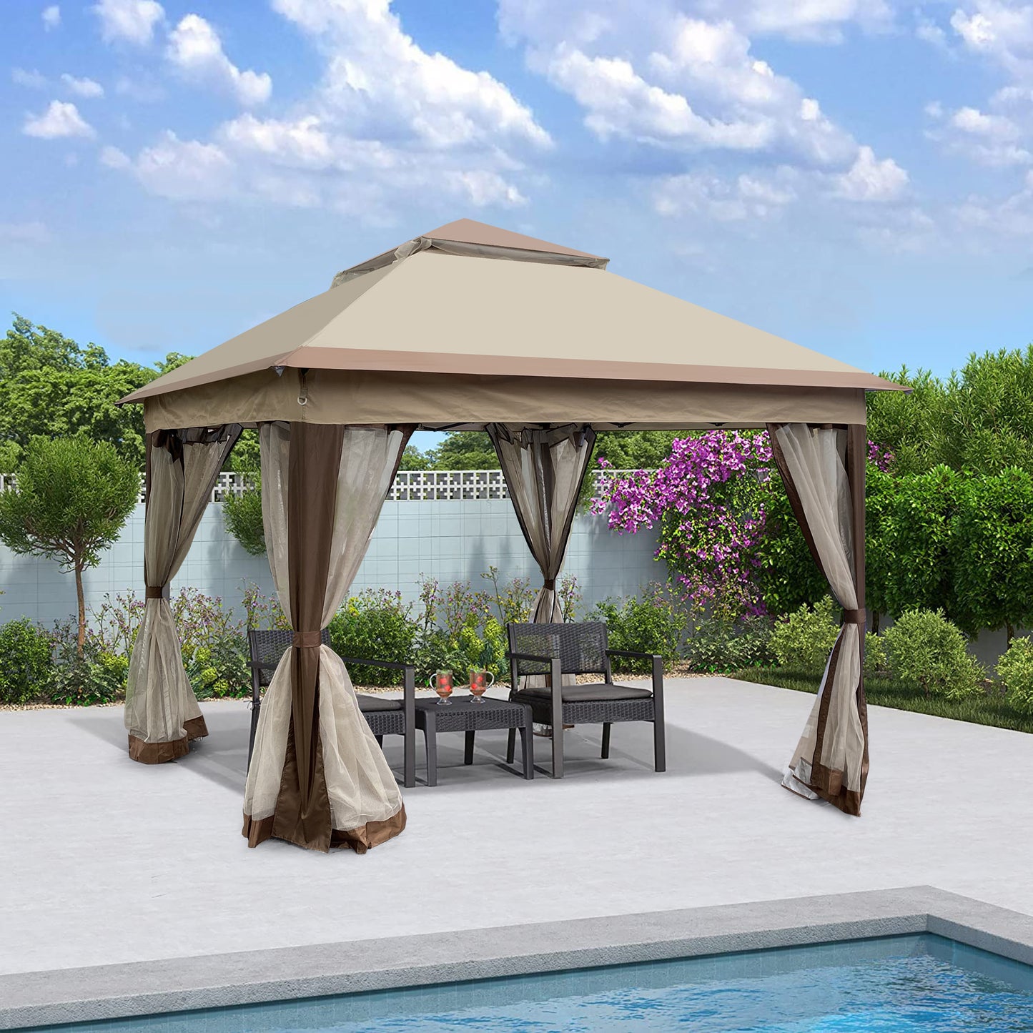 Pop Up Gazebo 11x 11Ft Outdoor Canopy Tent with Mosquito Netting Gazebo Canopy w/ Removable Zipper Netting, 2-tier Soft Top For Patio Backyard Garden Camping Area with 4 Sandbags