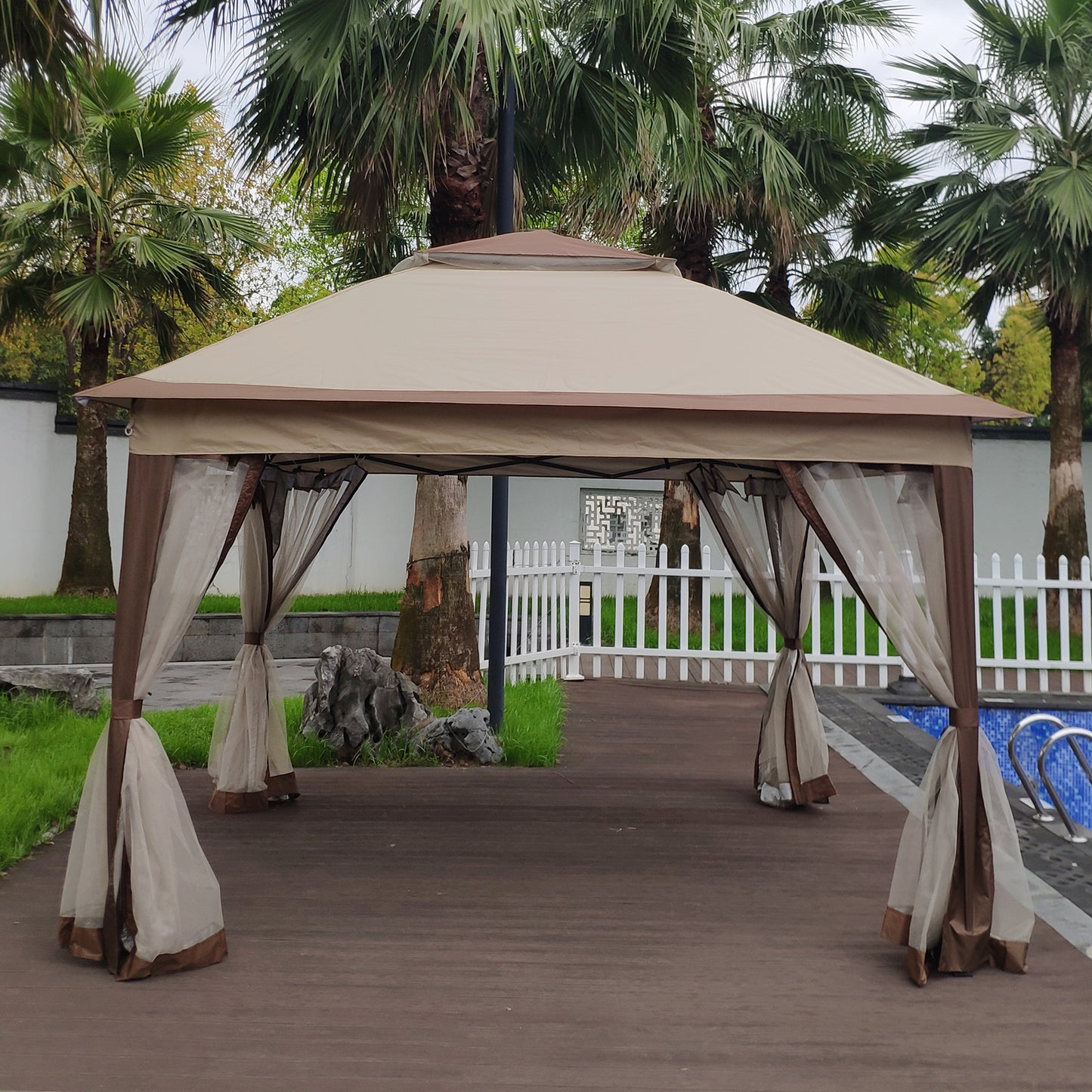 Pop Up Gazebo 11x 11Ft Outdoor Canopy Tent with Mosquito Netting Gazebo Canopy w/ Removable Zipper Netting, 2-tier Soft Top For Patio Backyard Garden Camping Area with 4 Sandbags