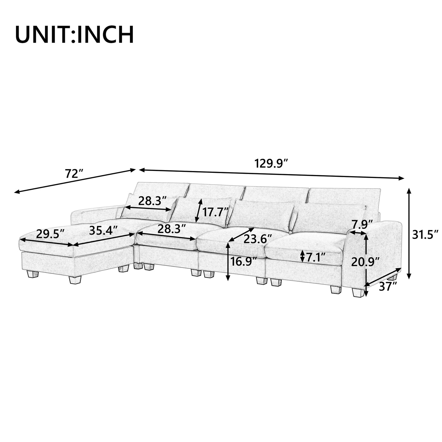 Convertible Modular Sectional Sofa with Reversible Chaise, Modern Linen L Shaped Couches 4-seat Couches for Living Room Apartment