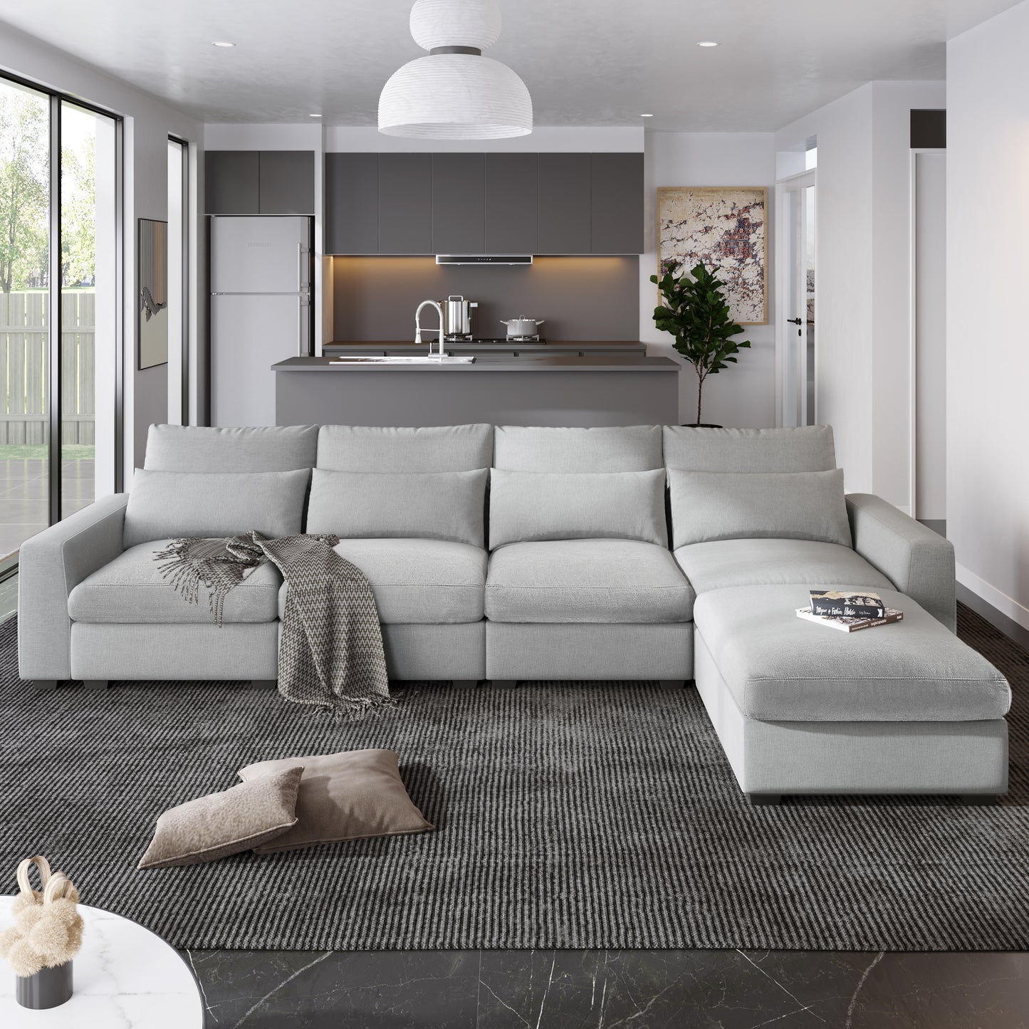 Convertible Modular Sectional Sofa with Reversible Chaise, Modern Linen L Shaped Couches 4-seat Couches for Living Room Apartment