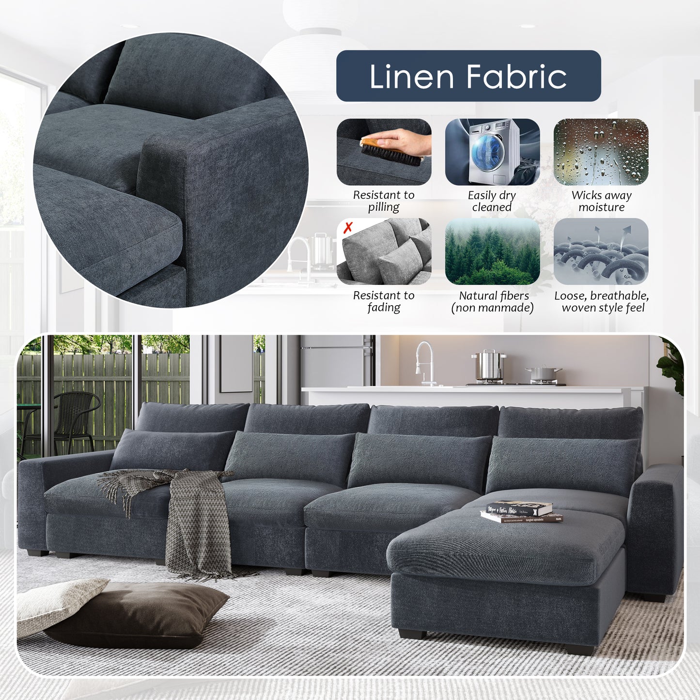 Convertible Modular Sectional Sofa with Reversible Chaise, Modern Linen L Shaped Couches 4-seat Couches for Living Room Apartment