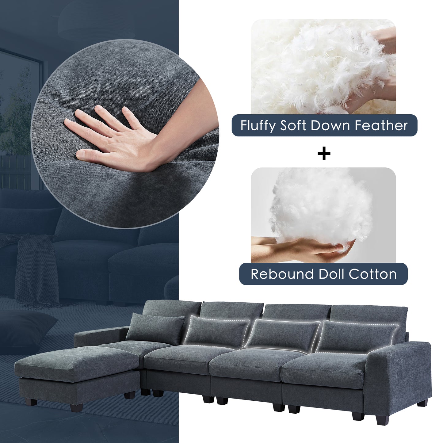 Convertible Modular Sectional Sofa with Reversible Chaise, Modern Linen L Shaped Couches 4-seat Couches for Living Room Apartment