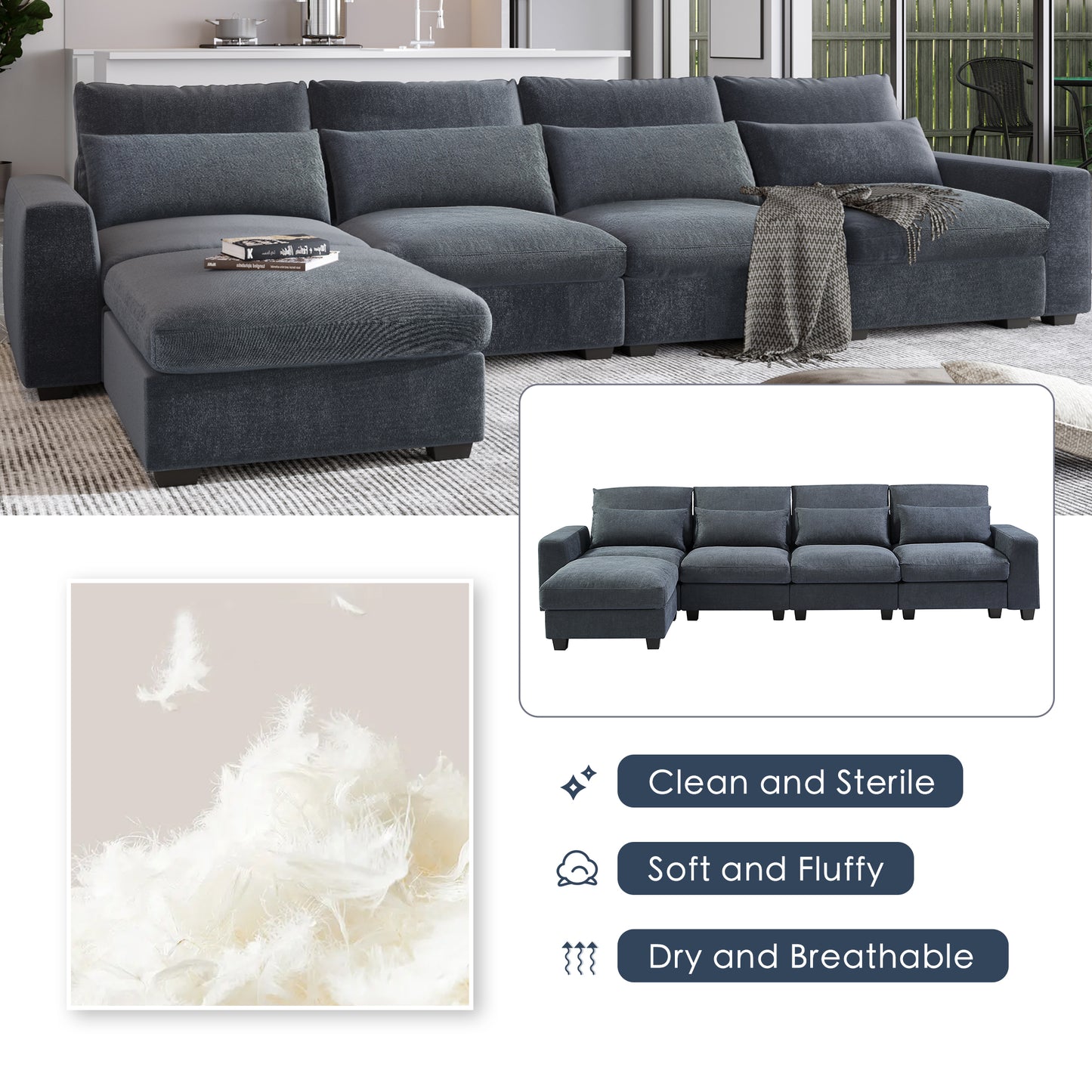 Convertible Modular Sectional Sofa with Reversible Chaise, Modern Linen L Shaped Couches 4-seat Couches for Living Room Apartment