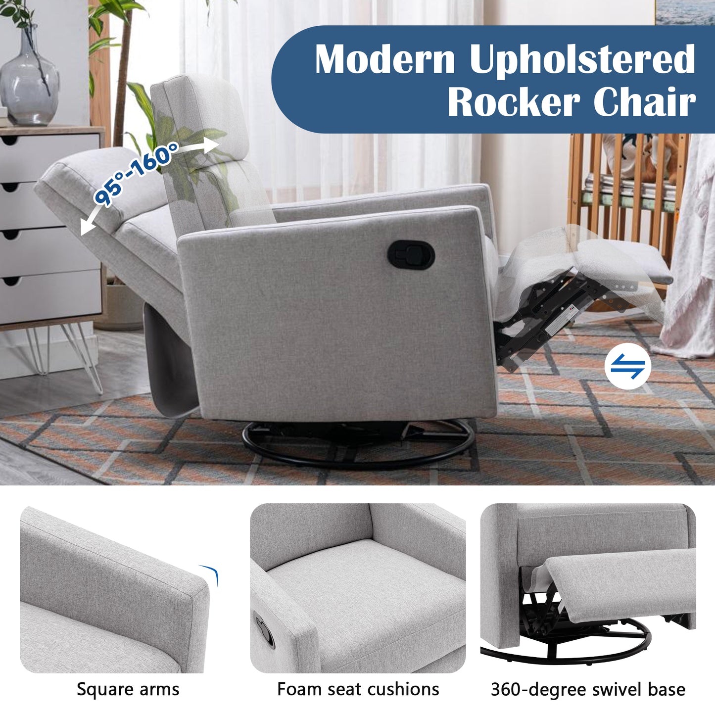 Rocking Swivel, Glider Rocker Recliner, Nursery Chair with Extra Large Footrest for Living Room