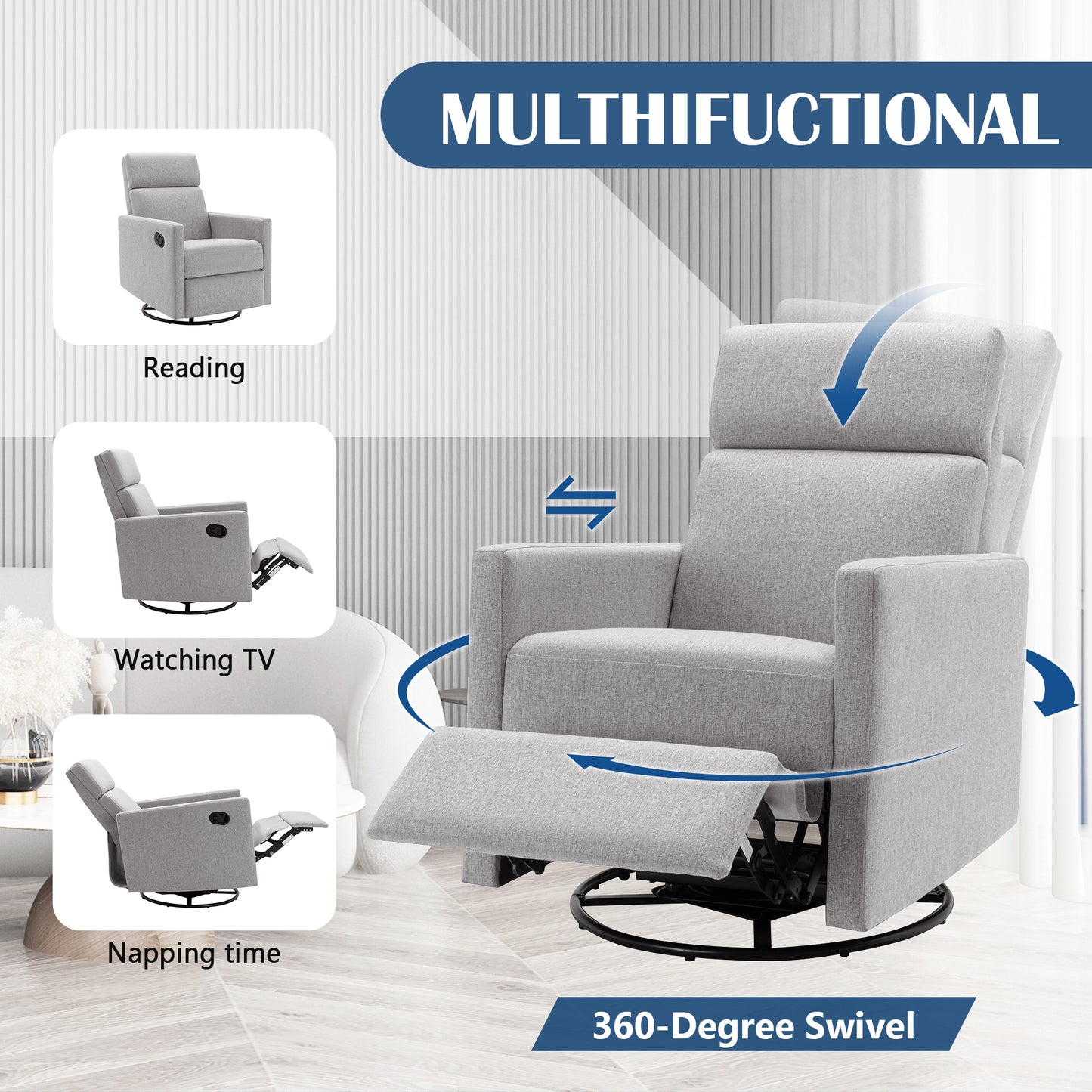 Rocking Swivel, Glider Rocker Recliner, Nursery Chair with Extra Large Footrest for Living Room