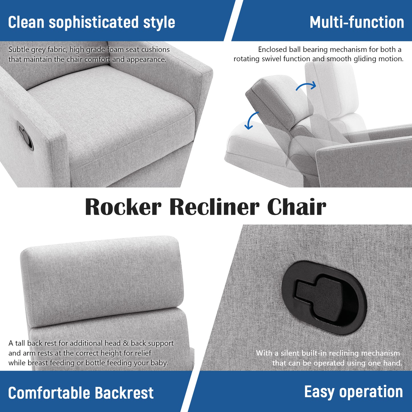 Rocking Swivel, Glider Rocker Recliner, Nursery Chair with Extra Large Footrest for Living Room