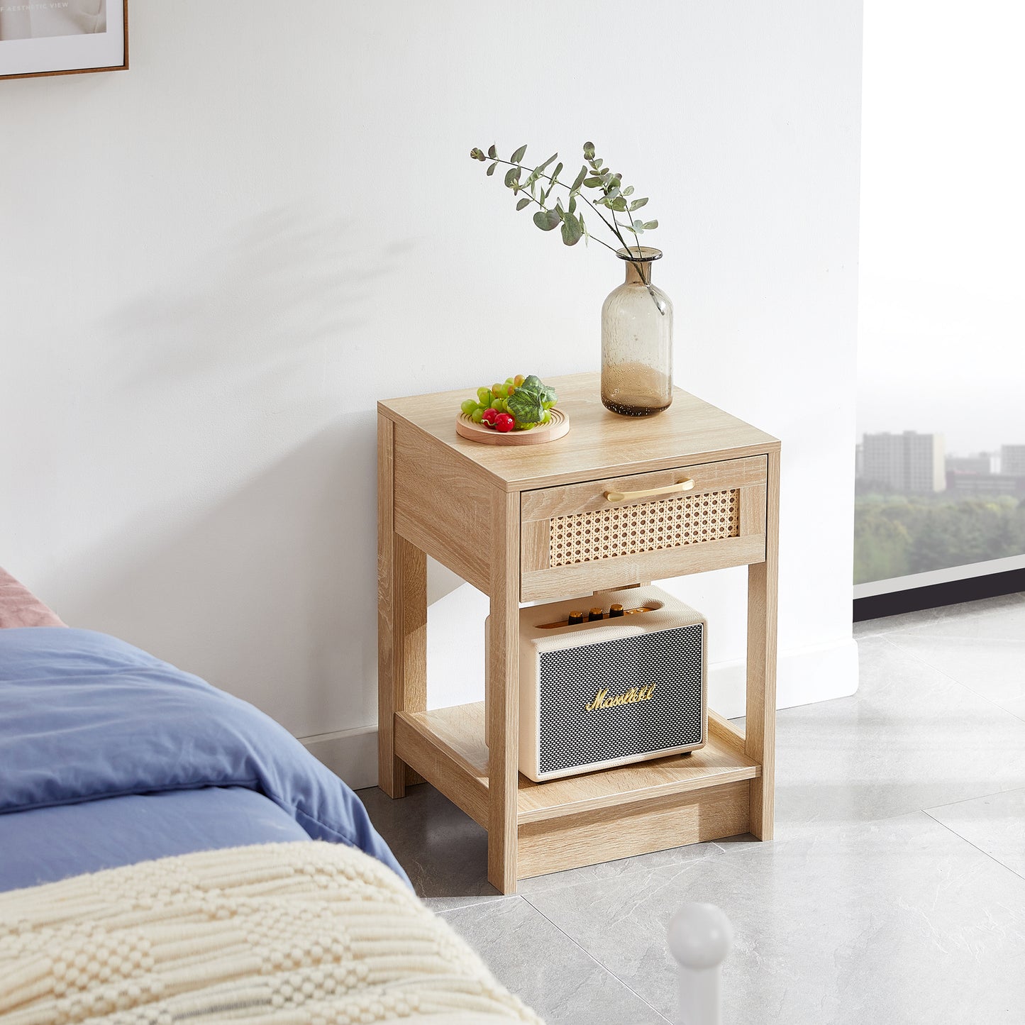 Nightstand with Drawer 15.75" Rattan End table Bedside Table with Open Storage Shelf for Bedroom