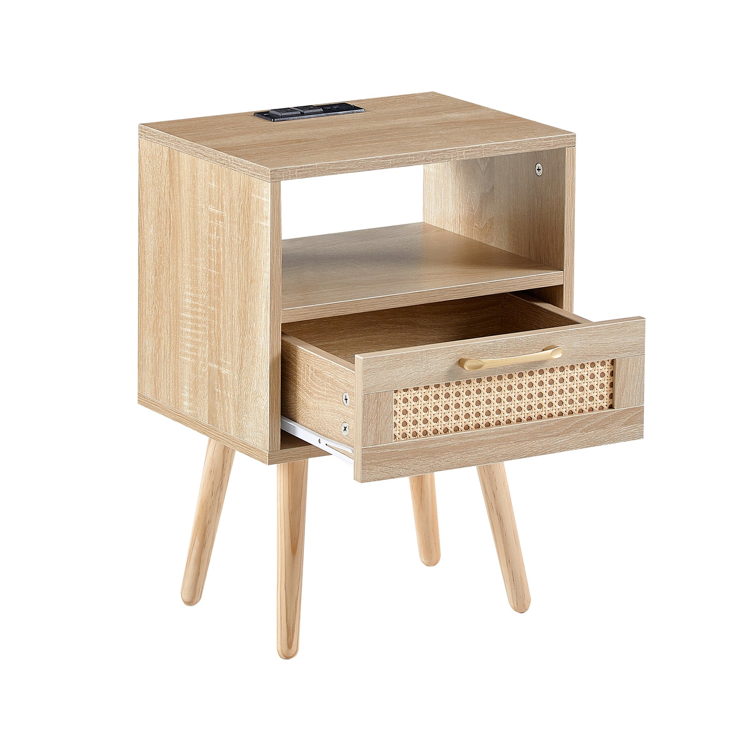 Nightstand with Power Outlet & USB Ports 15.75" Bedside Table with Solid Wood Legs, End Side Table with Open Storage Shelf for Bedroom