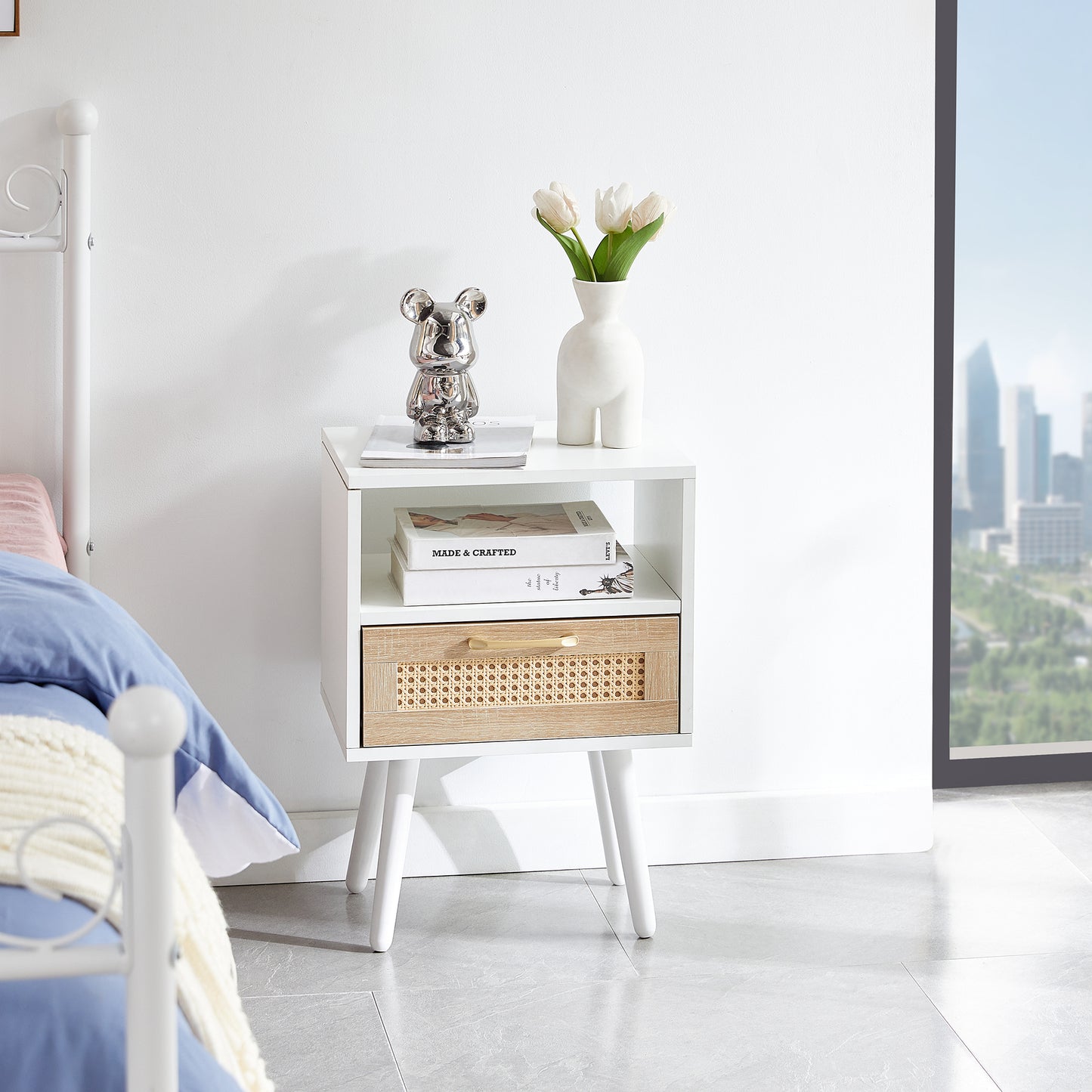 Nightstand with Power Outlet & USB Ports 15.75" Bedside Table with Solid Wood Legs, End Side Table with Open Storage Shelf for Bedroom
