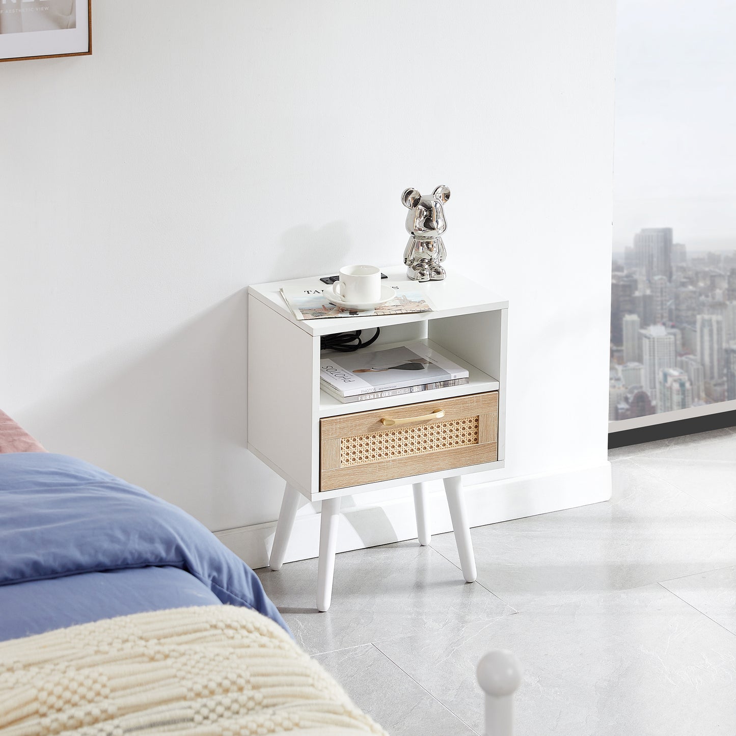 Nightstand with Power Outlet & USB Ports 15.75" Bedside Table with Solid Wood Legs, End Side Table with Open Storage Shelf for Bedroom