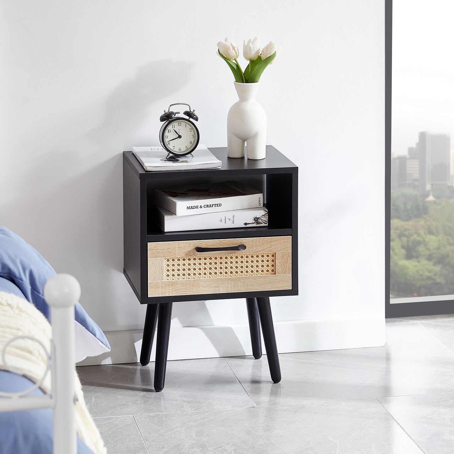 Nightstand with Power Outlet & USB Ports 15.75" Bedside Table with Solid Wood Legs, End Side Table with Open Storage Shelf for Bedroom