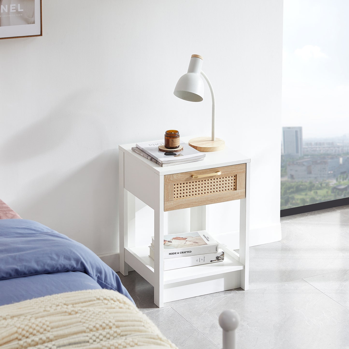 Nightstand with Drawer 15.75" Rattan End table Bedside Table with Open Storage Shelf for Bedroom