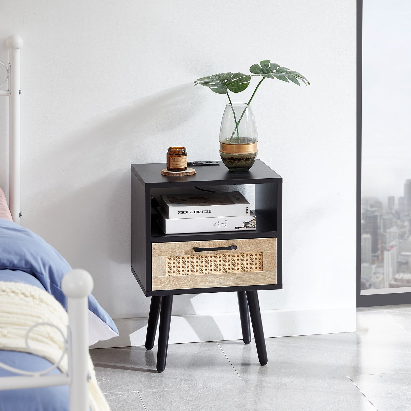Nightstand with Power Outlet & USB Ports 15.75" Bedside Table with Solid Wood Legs, End Side Table with Open Storage Shelf for Bedroom