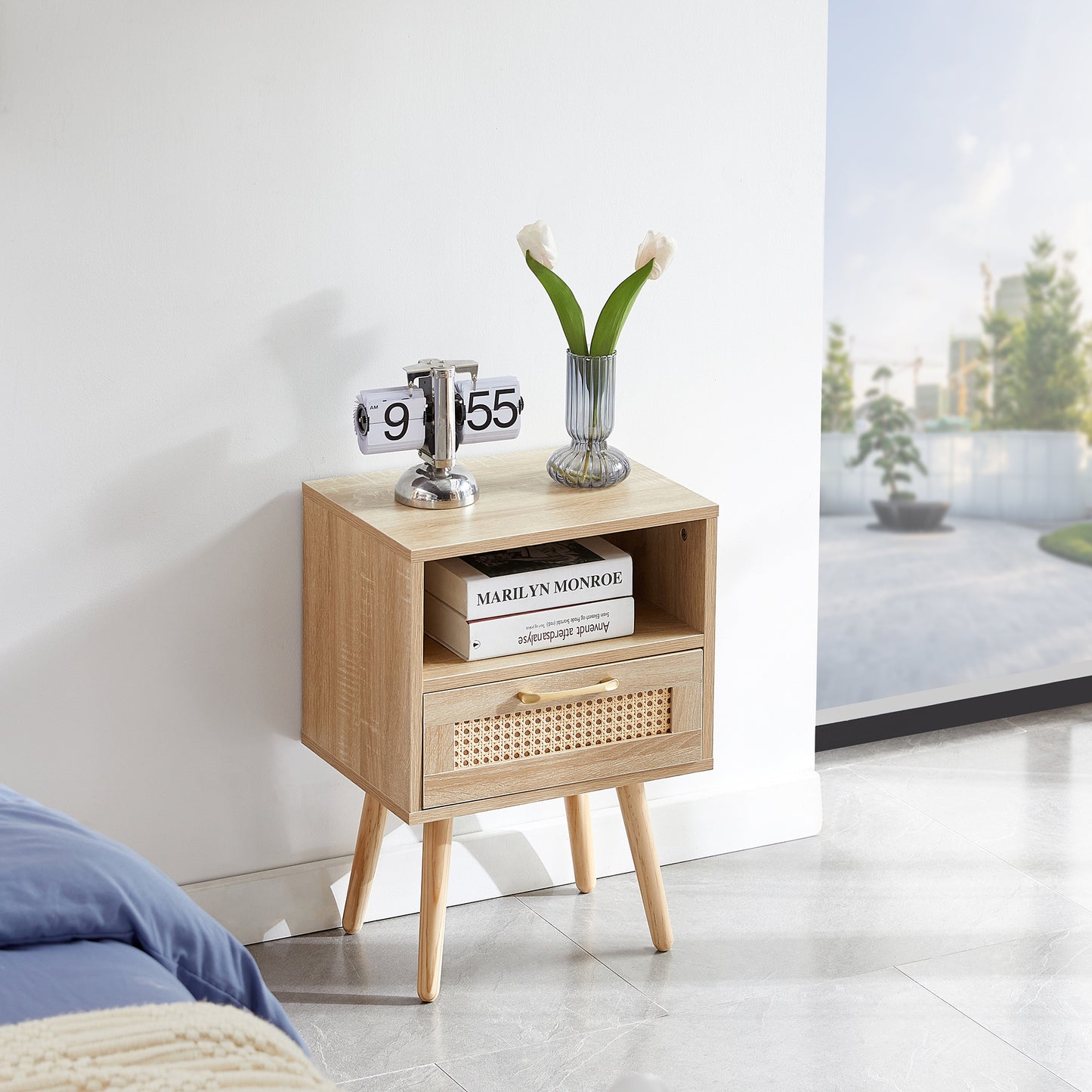 Nightstand with Power Outlet & USB Ports 15.75" Bedside Table with Solid Wood Legs, End Side Table with Open Storage Shelf for Bedroom