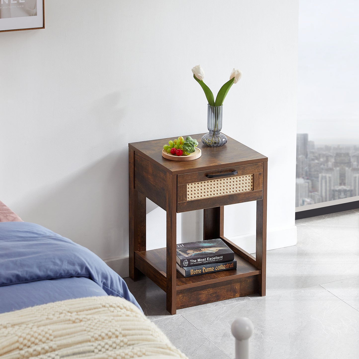 Nightstand with Drawer 15.75" Rattan End table Bedside Table with Open Storage Shelf for Bedroom