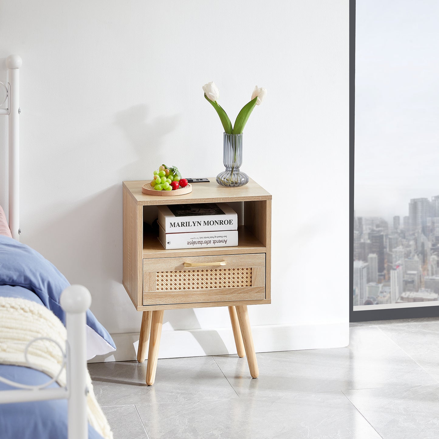 Nightstand with Power Outlet & USB Ports 15.75" Bedside Table with Solid Wood Legs, End Side Table with Open Storage Shelf for Bedroom