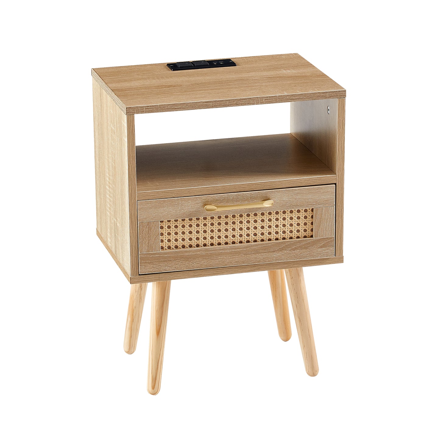 Nightstand with Power Outlet & USB Ports 15.75" Bedside Table with Solid Wood Legs, End Side Table with Open Storage Shelf for Bedroom