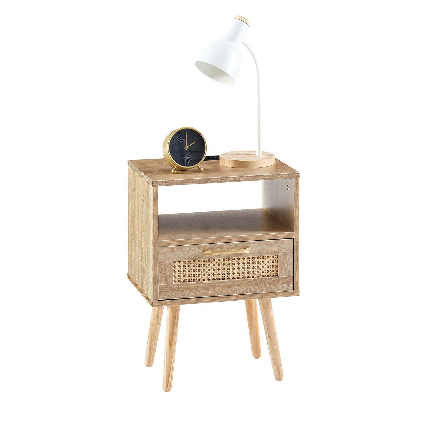 Nightstand with Power Outlet & USB Ports 15.75" Bedside Table with Solid Wood Legs, End Side Table with Open Storage Shelf for Bedroom