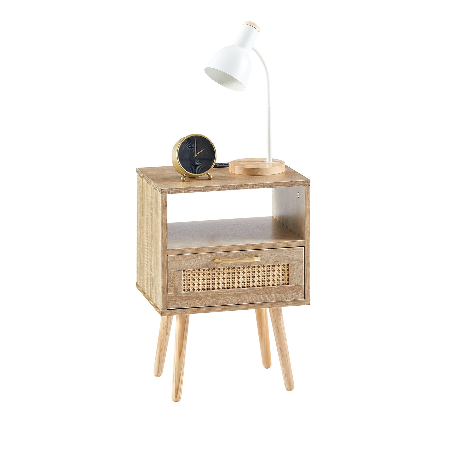 Nightstand with Power Outlet & USB Ports 15.75" Bedside Table with Solid Wood Legs, End Side Table with Open Storage Shelf for Bedroom