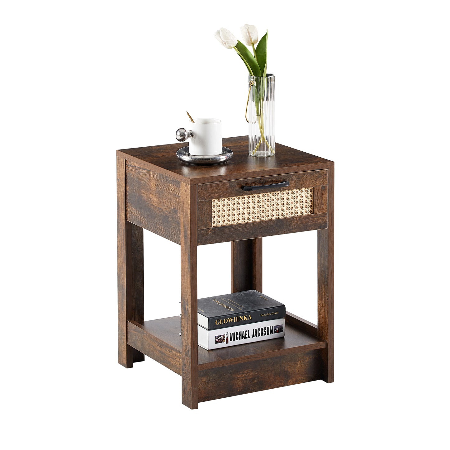 Nightstand with Drawer 15.75" Rattan End table Bedside Table with Open Storage Shelf for Bedroom
